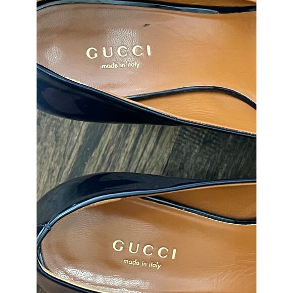 GUCCI Navy Patent Leather Peep-Toe Platform Heels Size 36 Made in Italy - Picture 9 of 11